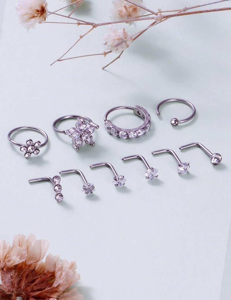 Ftovosyo 18G 20G Nose Rings Surgical Steel Nose Rings Hoop for Women Men Paved CZ Flower Nostril Piercing Jewelry L Shaped Nostril Ring Stud Set - Image 4